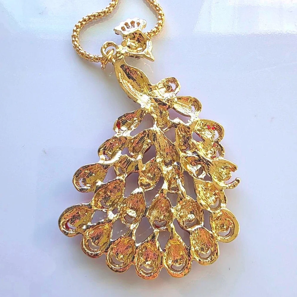 Betsey Johnson Peacock Pendant Necklace Gold-Tone Red Feather Rhinestone‎